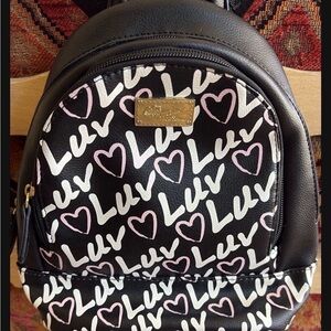 Betsey Johnson Black Mini Backpack with Pink Heart and Luv Print